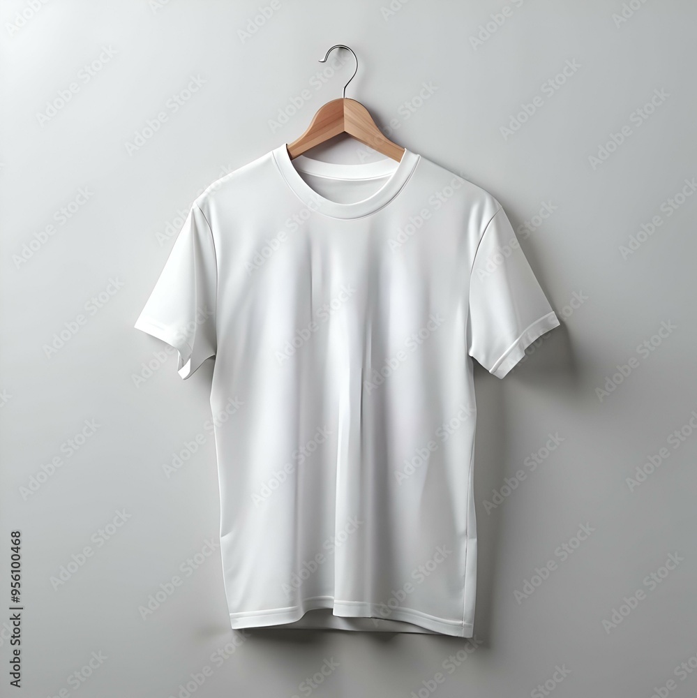 A clean. crisp white t shirt hanging on a wooden hanger against a simple white backdrop. A clean. crisp white t shirt hanging on a wooden hanger against a simple white backdrop.