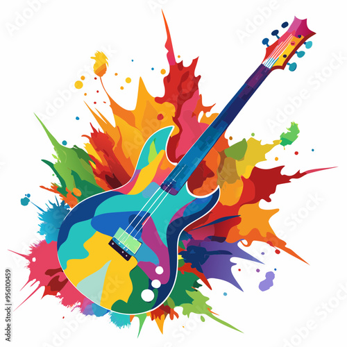 Abstract watercolor guitar exploding with colorful motion vector illustration