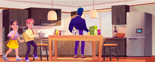 Man near fridge and children in kitchen cartoon illustration. Kids quietly go inside room with modular cooking furniture in modern apartment. Person back in sunlight from window indoor design.