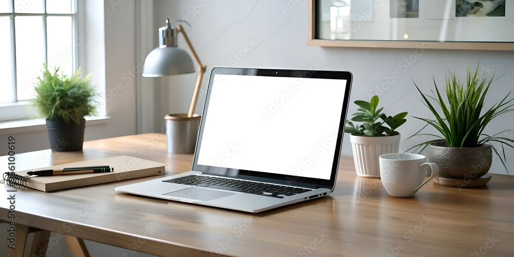 Fototapeta premium Modern laptop mockup with blank screen on a wooden desk.