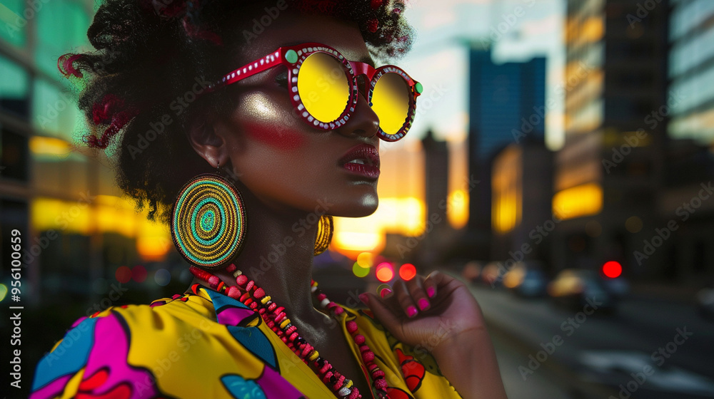 Obraz premium Fashion model in a bold, colorful outfit with matching accessories, City street at sunset, Dynamic and vibrant mood.