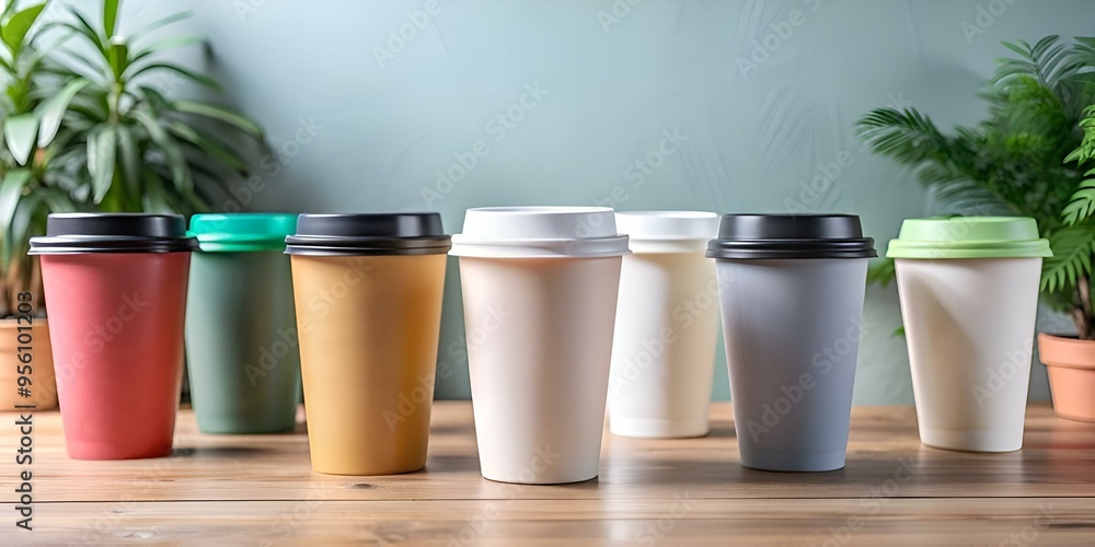 A vibrant collection of six colorful takeaway coffee cups. perfectly arranged on a rustic wooden surface. A vibrant collection of six colorful takeaway coffee cups. perfectly arranged on a rustic wooden surface.