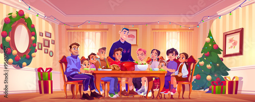 Christmas family dinner with friends on table vector illustration. Feast holiday dinning scene with children character and man. Eating together delicious lunch for xmas season cartoon background