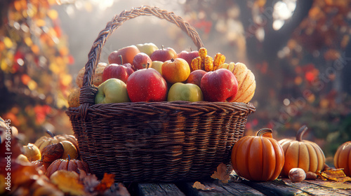 A basket full of fruit and vegetables for Thanksgiving. AI generative.