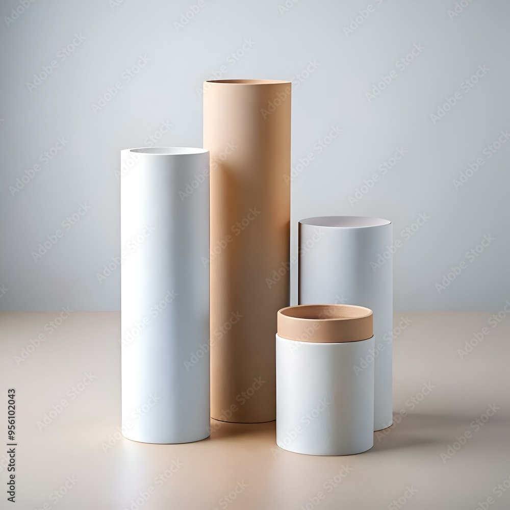Minimalist product display with white and brown cylindrical containers on a light wood surface.