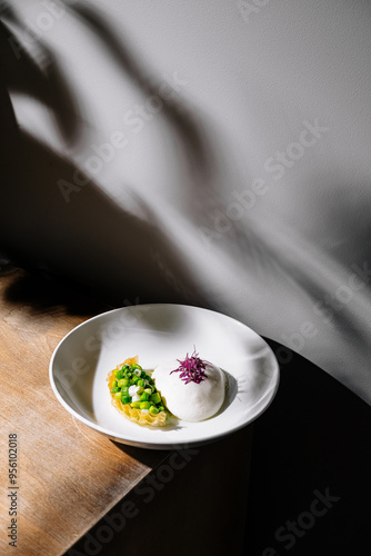 Gourmet dish with foam and vegetables creating contrasting flavors and textures photo