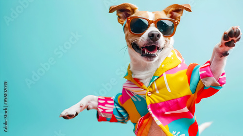 Energetic and playful dog wearing sunglasses and a vibrant stylish outfit dancing joyfully in a studio setting with a colorful background
