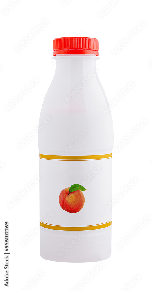 White plastic bottle of yogurt with peach flavor standing on white background White plastic bottle of yogurt with peach flavor standing on white background