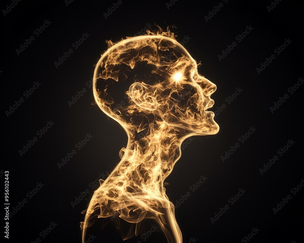 A fiery, abstract human head silhouette in profile, with glowing eyes, on a black background. A fiery, abstract human head silhouette in profile, with glowing eyes, on a black background.