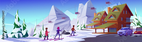 Ski resort in winter. Snow landscape background. Snowy cabin or hotel in Austria. Mother with children travel on holiday to Switzerland chalet. Sunny scene of extreme alpine retreat in house