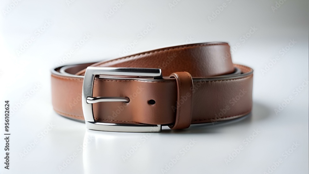 A classic brown leather belt with a silver buckle. A classic brown leather belt with a silver buckle.