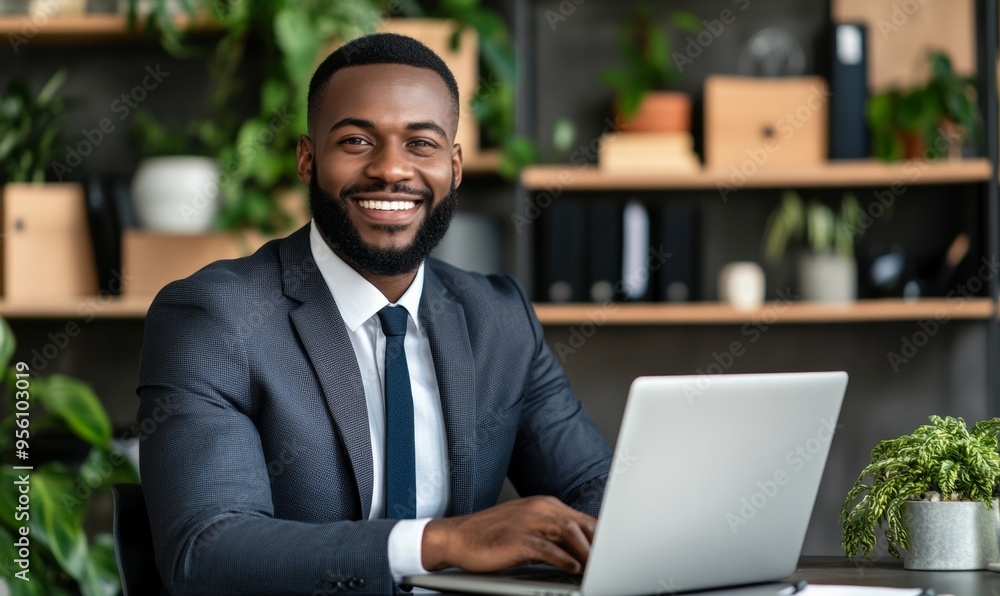 happy Professional in Modern Office: Smiling Businessman Using Laptop for Work. Inclusive Corporate Culture, Freedom, and Productivity. High-Definition Illustration for Marketing, Workplace Wellness, happy Professional in Modern Office: Smiling Businessman Using Laptop for Work. Inclusive Corporate Culture, Freedom, and Productivity. High-Definition Illustration for Marketing, Workplace Wellness,