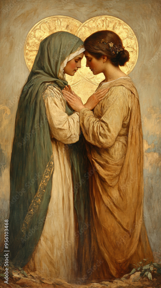 Naklejka premium painting of the Visitation depicting the biblical scene in which a pregnant Mary welcomes a pregnant Elizabeth. AI generative.