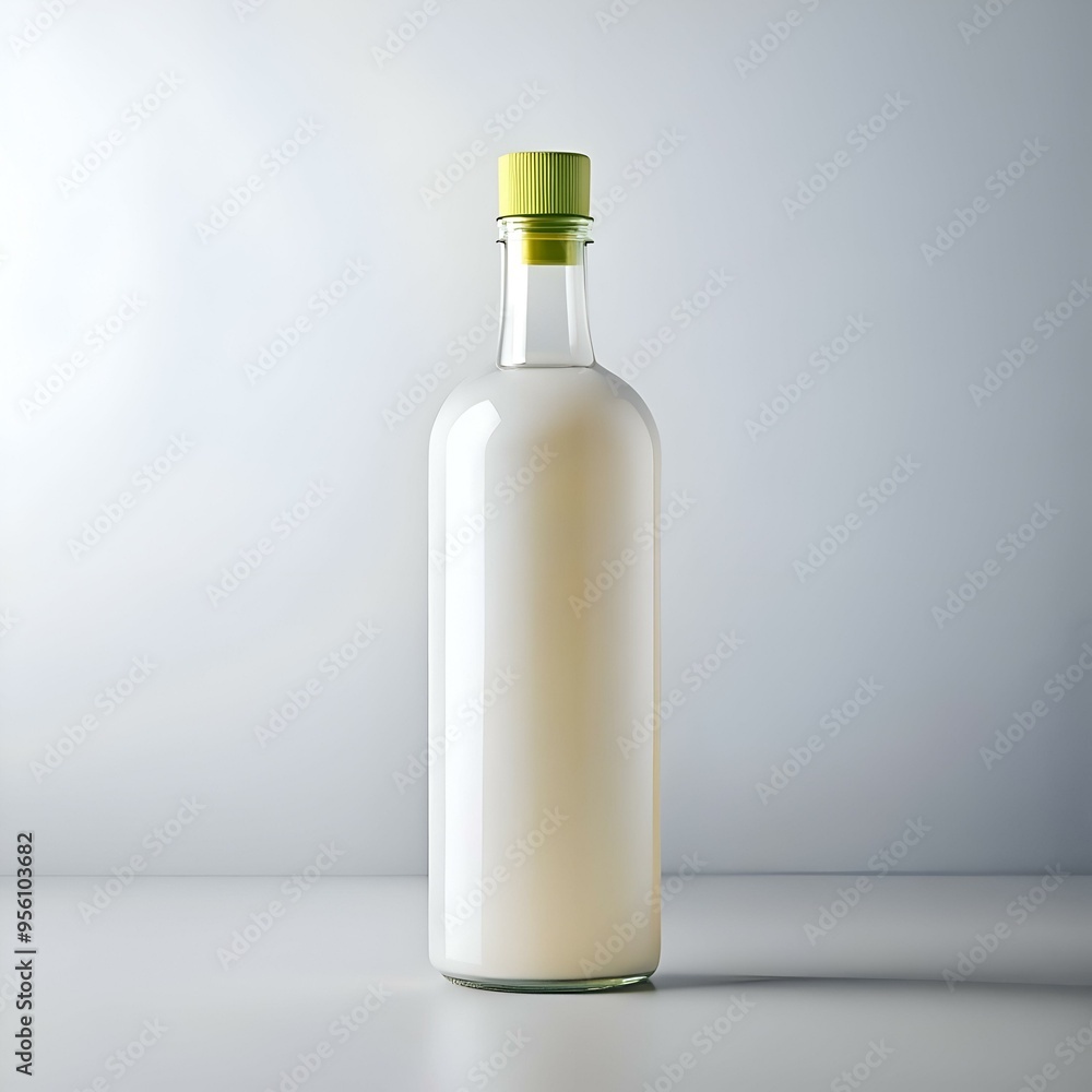 A clear glass bottle with a green lid. filled with a white liquid. stands on a white surface against a clean white background. A clear glass bottle with a green lid. filled with a white liquid. stands on a white surface against a clean white background.