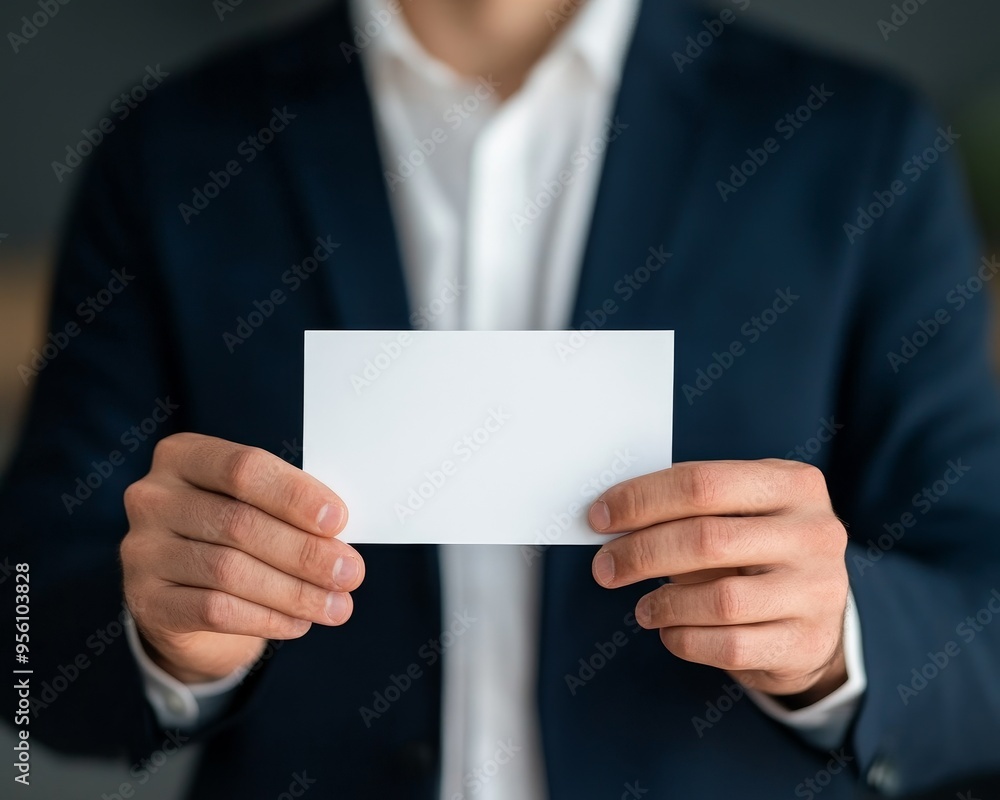 A professional man in a suit holds a blank card, ideal for business presentations or customizable templates. A professional man in a suit holds a blank card, ideal for business presentations or customizable templates.