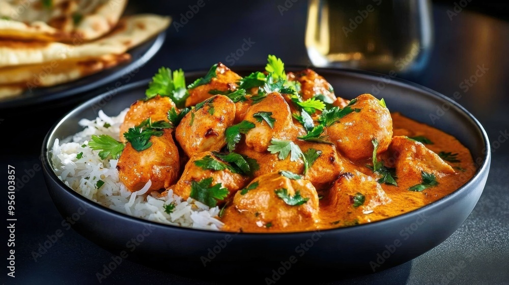 Chicken Tikka Masala with Rice and Cilantro in Black Bowl Chicken Tikka Masala with Rice and Cilantro in Black Bowl
