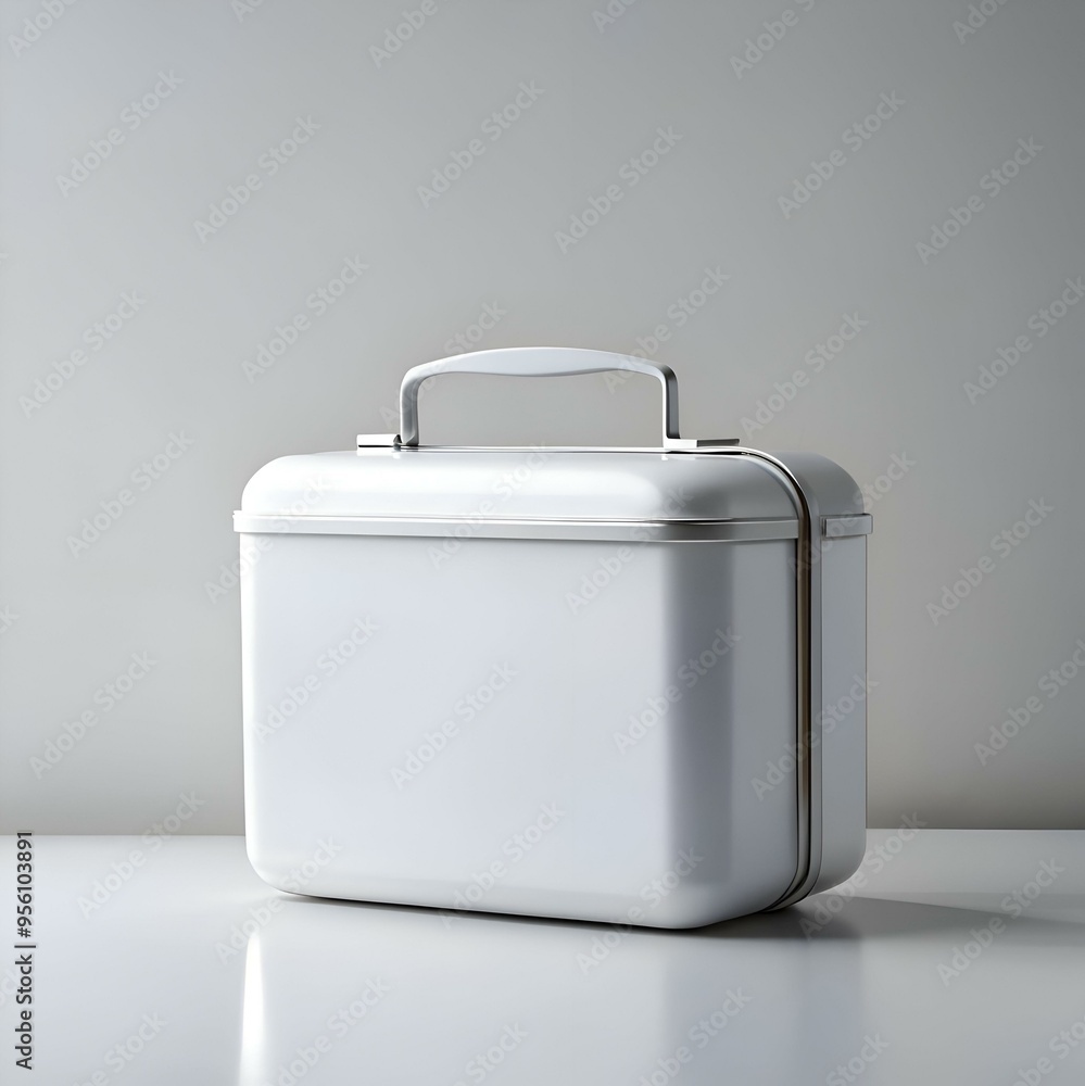 A clean and simple white metal briefcase with a silver handle. A clean and simple white metal briefcase with a silver handle.