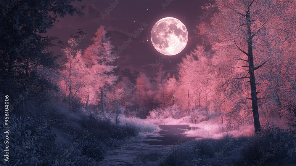 Naklejka premium Enchanted Pink Forest Reflecting in a Moonlit River Under Starry Sky