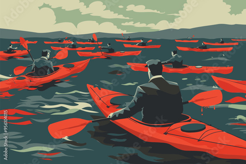 Businessman in Kayak Navigates Challenging Red Ocean Market with Many Competitors