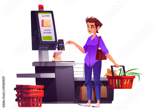 Woman at self kiosk checkout for payment in store. Retail shop pos desk with scanner and female customer. Contactless terminal technology for product scan and card to pay concept illustration