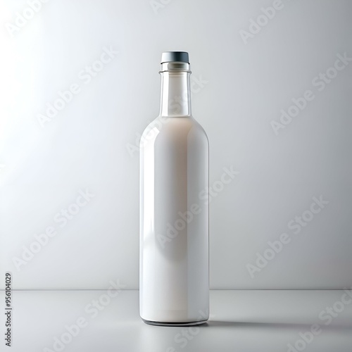 A clean. white. glass bottle with a silver lid sits on a white tabletop. ready to be filled with your product or design.