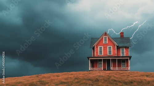 A red farmhouse stands on a hill, silhouetted against a stormy sky with lightning striking nearby.