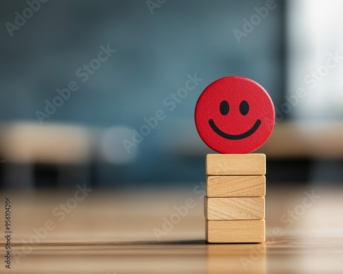 A red smiley face sits atop a stack of wooden blocks, symbolizing happiness and success. photo