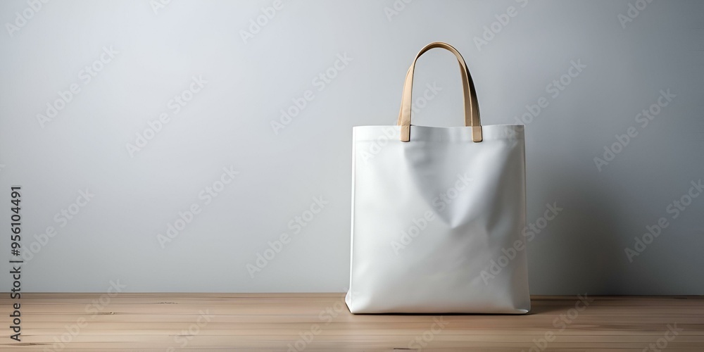 A simple. yet elegant. white tote bag with natural leather handles sits on a wooden table against a white background. A simple. yet elegant. white tote bag with natural leather handles sits on a wooden table against a white background.