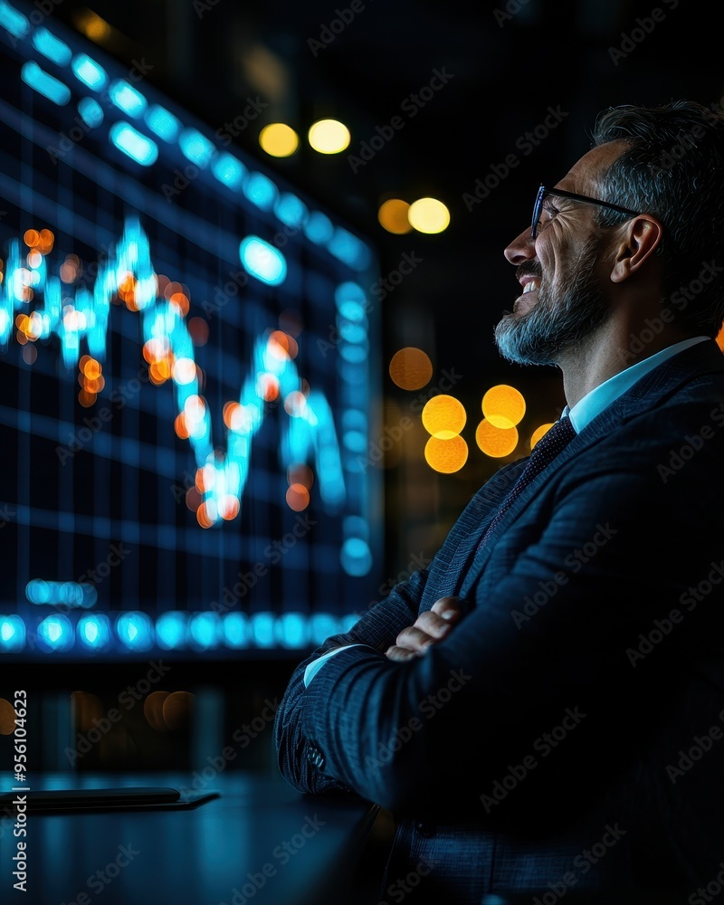 A smiling businessman analyzes financial data on a digital screen, showcasing modern investment strategies in a vibrant setting. A smiling businessman analyzes financial data on a digital screen, showcasing modern investment strategies in a vibrant setting.