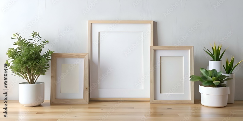 Three empty picture frames of different sizes. leaning against a white wall. ready for your design. Three empty picture frames of different sizes. leaning against a white wall. ready for your design.