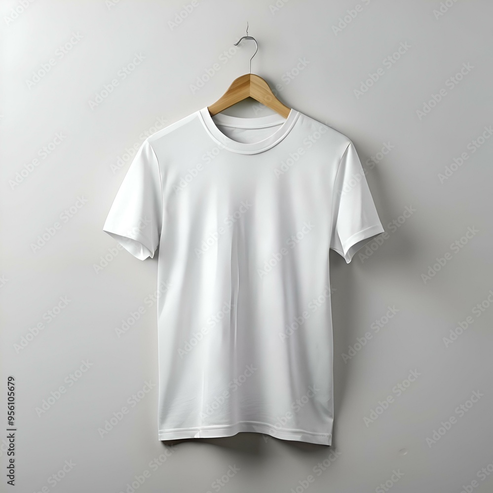 A clean. crisp white t shirt hangs on a wooden hanger against a white backdrop. A clean. crisp white t shirt hangs on a wooden hanger against a white backdrop.