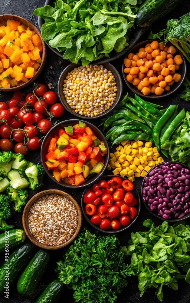 A vibrant assortment of fresh vegetables and fruits arranged in bowls, showcasing colorful produce for healthy eating. A vibrant assortment of fresh vegetables and fruits arranged in bowls, showcasing colorful produce for healthy eating.