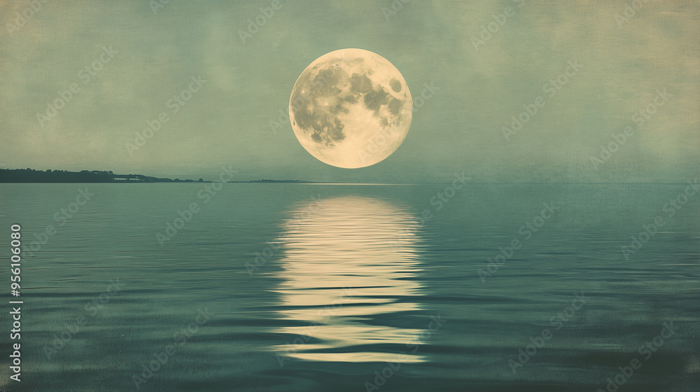 Full Moon Reflection on Calm Ocean Waters Under a Misty Night Sky Full Moon Reflection on Calm Ocean Waters Under a Misty Night Sky