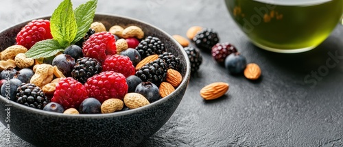 A vibrant bowl of mixed berries and nuts, perfect for healthy snacking and vibrant food photography.