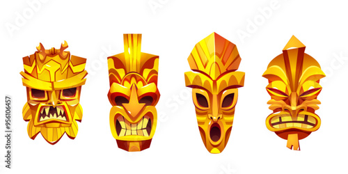 Golden tiki mask. African or hawaiian totem vector. Polynesian tribal face sign for summer party illustration. Aztec statue design set. Decorated maya head character for religious decoration