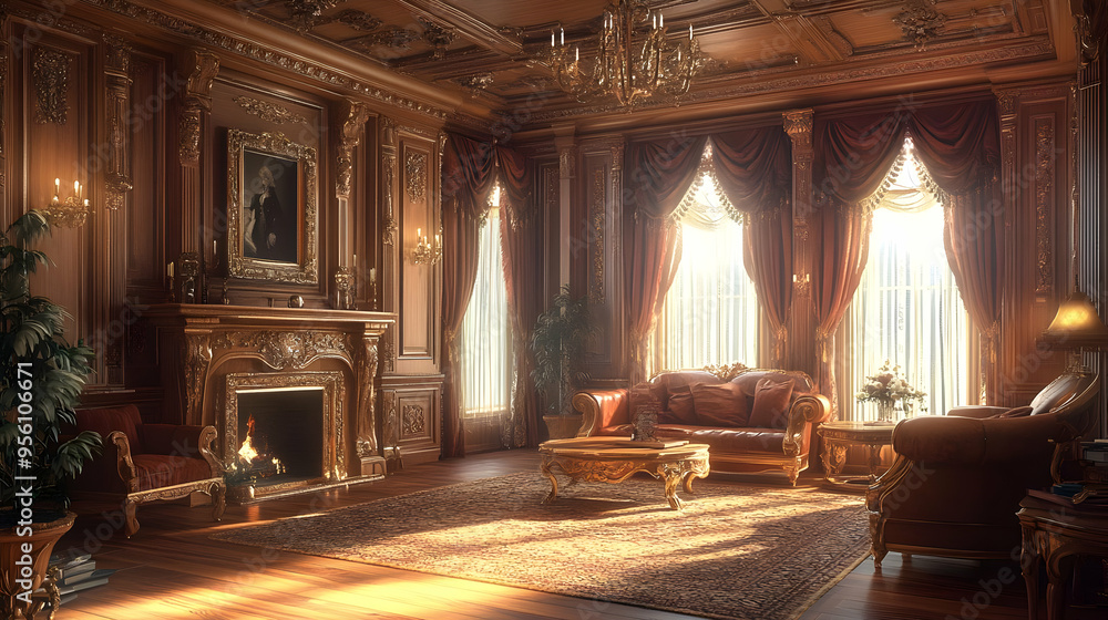Luxurious Living Room with Fireplace Ornate Details and Large Windows Luxurious Living Room with Fireplace Ornate Details and Large Windows