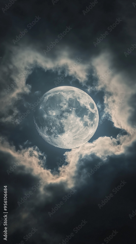 Full Moon Illuminating Through Dark Clouds in a Mysterious Night Sky Full Moon Illuminating Through Dark Clouds in a Mysterious Night Sky