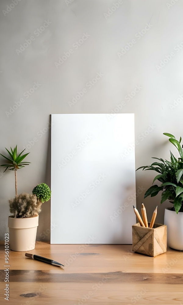 Minimalist desktop mockup with a blank white canvas. potted plants. pencils. and a pen. Minimalist desktop mockup with a blank white canvas. potted plants. pencils. and a pen.