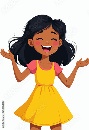 Smiling Woman in Yellow Dress with Hands Wide Open