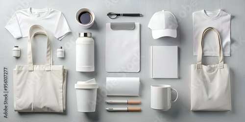 A clean and modern mockup showcasing a variety of white promotional merchandise items.