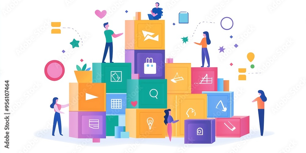 Digital Harmony: A Colorful Interaction of Web Icons, Online Elements in Abstract Form Digital Harmony: A Colorful Interaction of Web Icons, Online Elements in Abstract Form