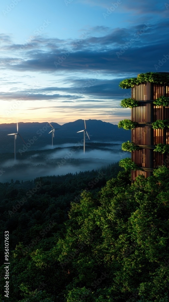 A modern eco-friendly tower surrounded by lush greenery, showcasing renewable energy sources against a stunning mountain backdrop. A modern eco-friendly tower surrounded by lush greenery, showcasing renewable energy sources against a stunning mountain backdrop.