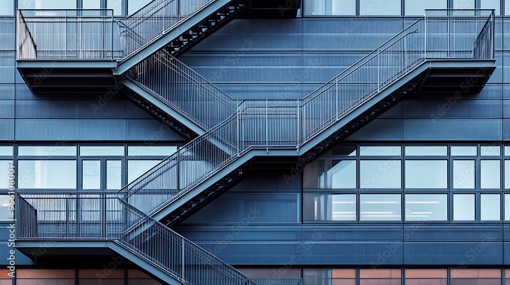 Fototapeta premium Modern Building Facade with Fire Escape Stairs
