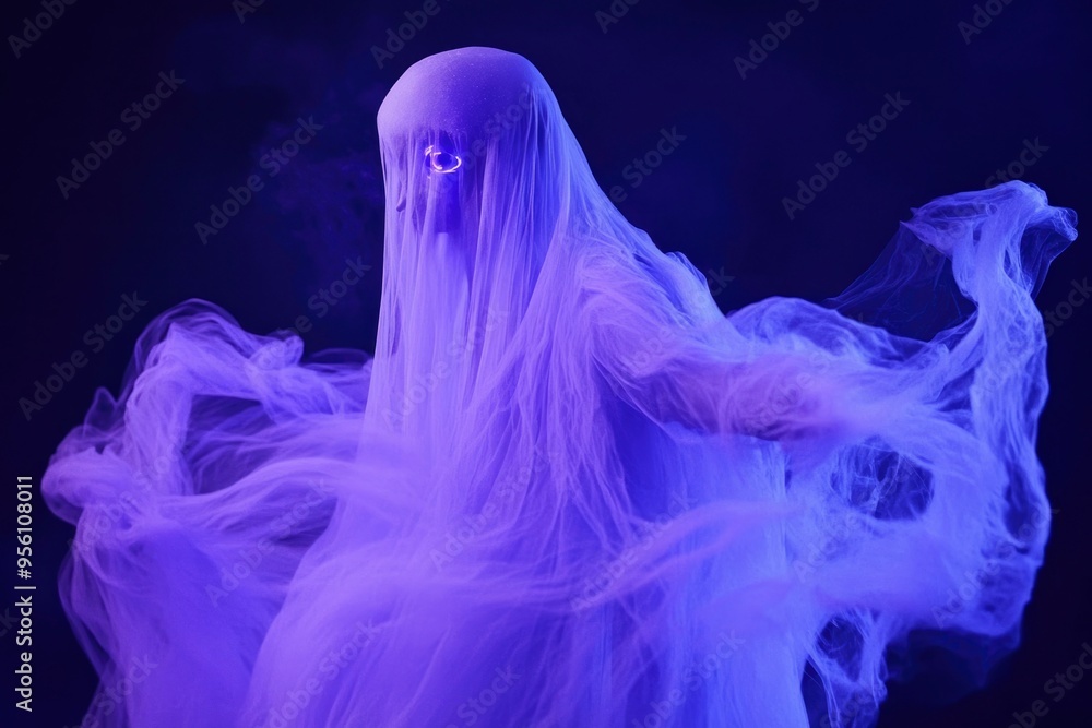 A Figure Cloaked in White Fabric Under Blue and Purple Lighting A Figure Cloaked in White Fabric Under Blue and Purple Lighting
