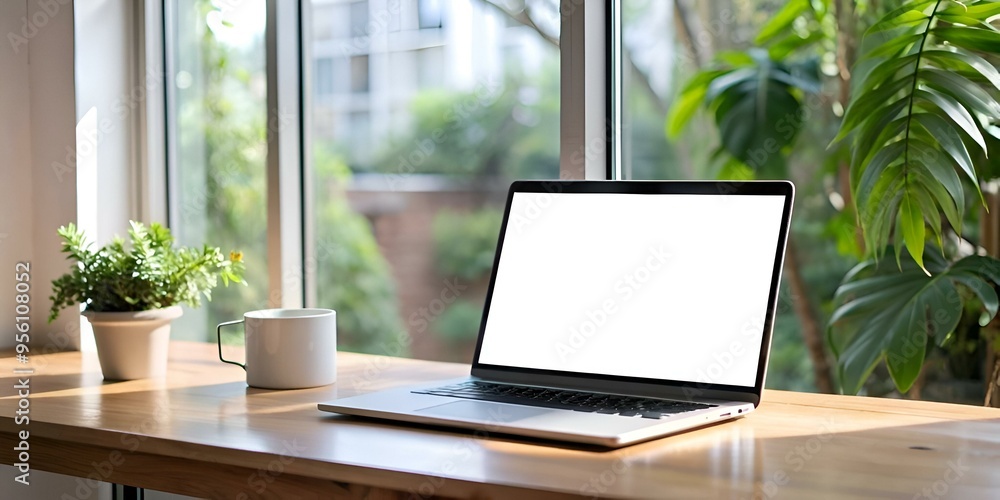 Fototapeta premium A clean. modern laptop with a blank screen sits on a wooden desk near a window with a view of green foliage.