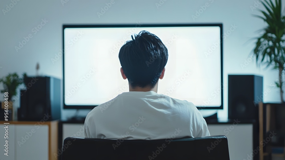 真っ白な画面モニターの前に座っている日本人男性 真っ白な画面モニターの前に座っている日本人男性