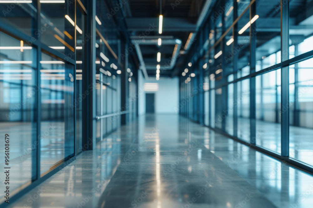 An empty modern office interior with glass windows and white lights, providing a background for design presentation, banner, or copy space on a light background. An empty modern office interior with glass windows and white lights, providing a background for design presentation, banner, or copy space on a light background.