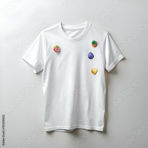 A clean. white t shirt with colorful buttons pinned on it.