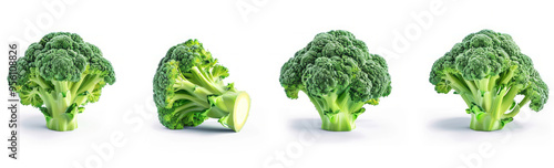 One piece of fresh broccoli from four different angles on a white background, captured in a certain style with studio lighting. photo