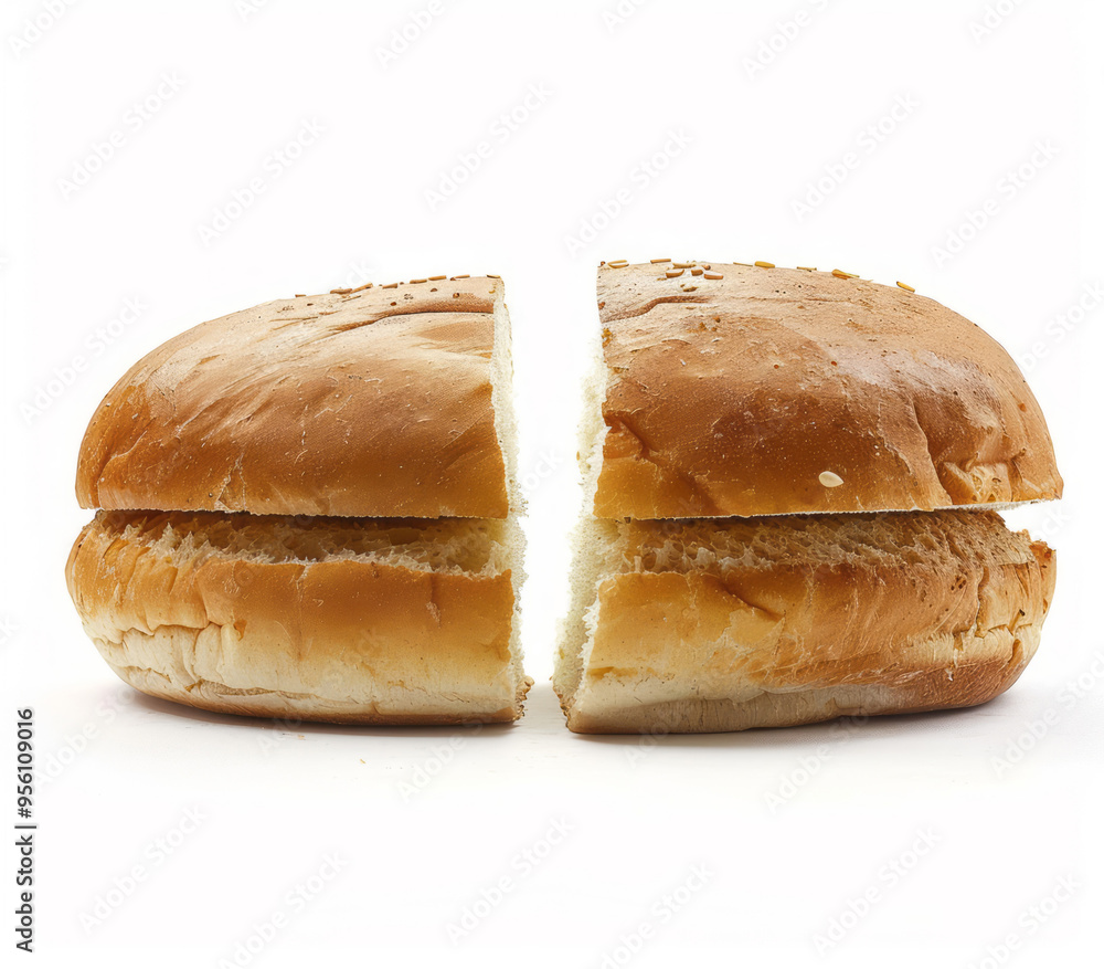 A perfect burger bun with one half being fresh and the other side well baked isolated on a white background. A perfect burger bun with one half being fresh and the other side well baked isolated on a white background.